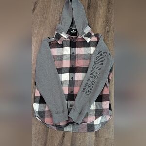 HOLLISTER Ladies Flannel Hoodie Pink and Gray Size Large